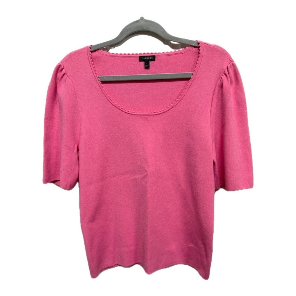 Talbots Puff Sleeve Short Sleeve Pink Sweater Size Large Scoop neck Preppy